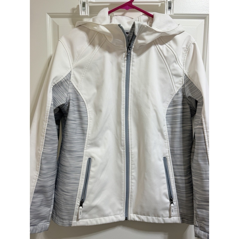 Free Tech Womens Softshell Jacket Size L 12 14 Hooded White & Gray Coat Full Zip